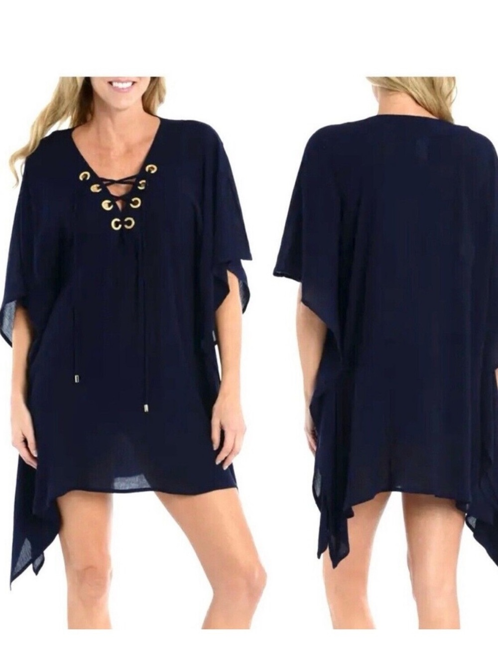 La Blance Capri lace up caftan swim cover-up in navy blue size medium.